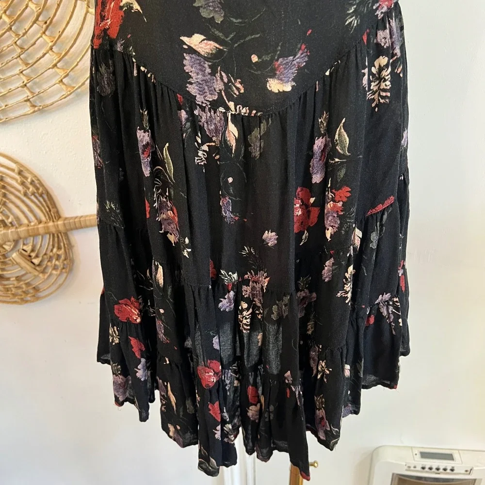 Free People‎ Black Rayon Circle of Flowers Tiered Ruffle Mini Dress Fairycore S